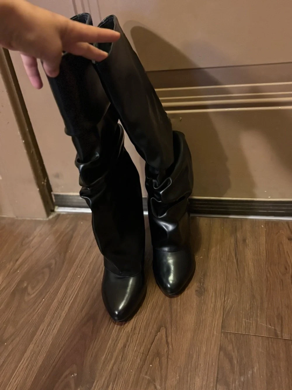 Slouched Ruched Fold Over Covered Wedge Heel Patent Leather Knee High Boots Wide